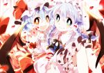  2girls bat_wings blue_hair braid carrying chachi_(azuzu) fangs flower hat izayoi_sakuya multiple_girls open_mouth princess_carry red_eyes remilia_scarlet rose short_hair silver_hair smile touhou twin_braids wings 