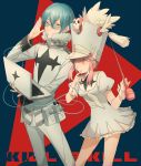  1boy 1girl adjusting_glasses asuda baton blue_hair computer dress glasses hat inumuta_houka jakuzure_ronon kill_la_kill laptop pink_hair uniform 