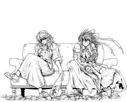  2girls cosplay couch crossed_legs detached_sleeves fingerless_gloves glasses gloves hakurei_reimu highres kirisame_marisa ledjoker07 monochrome multiple_girls nicholas_d_wolfwood parody sitting spoilers sunglasses touhou trench_coat trigun trigun_maximum vash_the_stampede vash_the_stampede_(cosplay) 