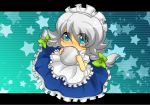  1girl apron benisuke4 blue_background blue_eyes bow braid chibi covering_mouth hair_bow izayoi_sakuya letterboxed looking_at_viewer maid_headdress short_hair short_sleeves silver_hair skirt skirt_set sparkle star striped striped_background touhou tray twin_braids waist_apron 