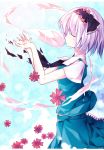  1girl ascot cherry_blossoms closed_eyes eyelashes flower gradient gradient_background hair_flower hair_ornament hair_ribbon hands_up highres kiss konpaku_youmu konpaku_youmu_(ghost) lavender_hair open_hands pino_(straight) ribbon short_hair short_sleeves skirt skirt_set solo touhou 