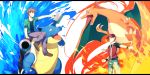  2boys achiki baseball_cap blastoise brown_hair cannon charizard fire grin hat highres jacket jewelry multiple_boys necklace ookido_green pointing pokemon pokemon_(creature) pose red_(pokemon) sitting smile water 