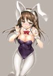  1girl alternate_costume animal_ears ashigara_(kantai_collection) bare_shoulders blush bowtie breasts brown_eyes brown_hair bunnysuit cleavage detached_collar embarrassed kantai_collection large_breasts long_hair looking_at_viewer pantyhose personification rabbit_ears simple_background smile solo tel trembling white_legwear wrist_cuffs 