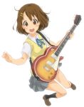  1girl anyasu brown_eyes brown_hair guitar highres hirasawa_yui instrument k-on! plectrum school_uniform short_hair solo 