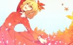  1girl aki_shizuha blonde_hair hair_ornament kiguchiko leaf leaf_on_head long_skirt long_sleeves looking_up open_mouth outstretched_arms short_hair skirt skirt_set smile solo touhou vest 