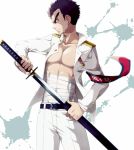  1boy armband bandages belt black_hair dangan_ronpa ishimaru_kiyotaka medal open_clothes open_shirt red_eyes solo sun_trial sword tears uniform weapon 