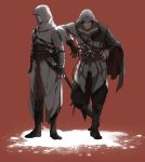  altair_ibn_la-ahad armor assassin&#039;s_creed assassin&#039;s_creed_ii blade brown_hair cape ezio_auditore_da_firenze gloves hand_on_hip hood leaning_on_person smile 