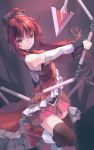  1girl boots bow chain detached_sleeves hair_bow leg_up long_hair magical_girl mahou_shoujo_madoka_magica nodata open_mouth polearm ponytail red_eyes redhead sakura_kyouko skirt solo spear thighhighs weapon 