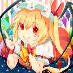 108mogumogu 1girl blonde_hair bow chin_rest crayon flandre_scarlet grin hat hat_bow highres red_eyes short_hair side_ponytail smile solo striped striped_background touhou wings wrist_ribbon 