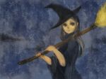  1girl broom brown_hair hat looking_at_viewer original solo witch witch_hat 