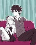  closed_eyes dress headband index kamijou_touma saiba_(henrietta) shirt shorts sitting smile spiky_hair to_aru_majutsu_no_index 