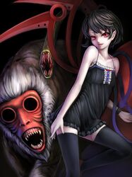  1girl adapted_costume asymmetrical_wings bare_arms bare_shoulders black_dress black_hair black_legwear dress houjuu_nue looking_at_viewer monkey nishi_masakazu nue red_eyes sleeveless sleeveless_dress snake solo thighhighs touhou wings zettai_ryouiki 