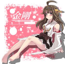  1girl armpits bare_legs brown_eyes brown_hair detached_sleeves hair_ornament japanese_clothes kantai_collection kongou_(kantai_collection) long_hair long_sleeves looking_at_viewer miko noa_(nagareboshi) nontraditional_miko ribbon_trim skirt smile wide_sleeves 