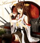  1girl :d ahoge bare_shoulders brown_hair character_name cup detached_sleeves double_bun hair_ornament hairband headgear hebinuma japanese_clothes kantai_collection kongou_(kantai_collection) long_hair looking_at_viewer miko nontraditional_miko open_mouth personification pleated_skirt ribbon_trim saucer sitting skirt smile solo teacup thighhighs wink 