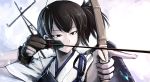  1girl aiming archery arrow bow_(weapon) brown_eyes brown_hair gloves hetza_(hellshock) japanese_clothes kaga_(kantai_collection) kantai_collection kyuudou muneate personification ponytail short_hair side_ponytail single_glove solo weapon yugake 