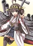  1girl :d bare_shoulders brown_hair detached_sleeves double_bun gotaishu hair_ornament hairband headgear japanese_clothes kantai_collection kongou_(kantai_collection) long_hair looking_at_viewer miko nontraditional_miko open_mouth personification pleated_skirt ribbon_trim sitting skirt smile solo 