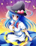  1girl alternate_headwear bat blue_hair blush bow breasts food fruit hat hinanawi_tenshi impossible_clothes impossible_shirt long_hair osashin_(osada) peach red_eyes skirt smirk solo star sword_of_hisou touhou witch_hat 