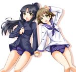  2girls :d black_hair breasts brown_hair buttons hattori_shizuka holding_hands looking_at_viewer military military_uniform miyafuji_yoshika multiple_girls open_mouth ponytail red_liquid_(artist) smile strike_witches swimsuit swimsuit_under_clothes uniform yellow_eyes 