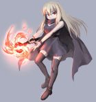  1girl belt blonde_hair boots bracer cape dress fire hetza_(hellshock) long_hair looking_at_viewer red_eyes scarf simple_background solo staff thigh_boots thighhighs 