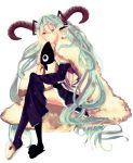  1girl animal_slippers crossed_legs detached_sleeves green_eyes green_hair hatsune_miku horns hzrn_(ymj924) long_hair sheep sitting skirt smile solo thigh-highs twintails very_long_hair vocaloid white_background 