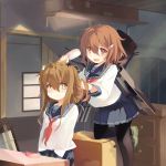 :d artist_request brown_eyes brown_hair closed_mouth fang hair_brushing hair_ornament hairclip highres ikazuchi_(kantai_collection) inazuma_(kantai_collection) kantai_collection open_mouth pantyhose sitting skirt smile spider spider_web 