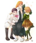  3boys armband blush brown_eyes brown_hair crossdressinging dangan_ronpa fujisaki_chihiro ishimaru_kiyotaka multiple_boys oowada_mondo petting red_eyes school_uniform short_hair skirt smile trap uniform violet_eyes 