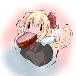  1girl animal_ears blush cat_ears cat_tail chibi food food_in_mouth hair_ribbon hoshizuki_(seigetsu) meat mouth_hold necktie outstretched_arms purumia ribbon rumia skirt skirt_set solo tail touhou trembling |_| 