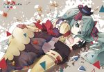  1girl aqua_eyes aqua_hair bondson boots character_name dress ennui_heiwa_miku hair_ribbon hat hatsune_miku knee_boots long_hair lying on_side pantyhose ribbon solo vocaloid 