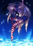  1girl absurdres black_panties blonde_hair blush floating hairband highres kantai_collection long_hair looking_at_viewer navel panties personification shimakaze_(kantai_collection) skirt solo striped striped_legwear thighhighs underwear water zinczinc_ka 