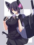  1girl black_hair breasts eyepatch fingerless_gloves gloves kantai_collection kichi8 large_breasts necktie personification short_hair skirt smile solo sword tenryuu_(kantai_collection) weapon yellow_eyes 