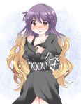  1girl bare_shoulders black_dress blush breast_hold brown_hair commentary_request dress hammer_(sunset_beach) hijiri_byakuren long_hair looking_at_viewer multicolored_hair off_shoulder open_mouth purple_hair solo touhou yellow_eyes 