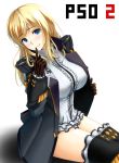  1girl blonde_hair blue_eyes blush breasts copyright_name epaulettes finger_to_mouth frills gayprince gender_pirate gloves head_tilt highres jacket large_breasts long_hair open_clothes open_jacket phantasy_star phantasy_star_online_2 sitting smile solo thighhighs 