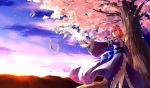  1girl bird blue_dress blue_skin cherry_blossoms clouds dress ibuki_notsu long_sleeves no_hat outstretched_arm outstretched_hand petals pigeon pink_eyes pink_hair saigyouji_yuyuko sash solo sunset touhou tree wide_sleeves wind 
