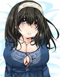  1girl black_hair blue_eyes breasts breath bursting_breasts cleavage gorohati hairband huge_breasts idolmaster idolmaster_cinderella_girls long_hair looking_at_viewer sagisawa_fumika solo 