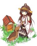  1girl :d bare_shoulders brown_hair detached_sleeves double_bun gotaishu hair_ornament hairband headgear japanese_clothes kantai_collection kongou_(kantai_collection) long_hair looking_at_viewer miko nontraditional_miko open_mouth personification pleated_skirt ribbon_trim sitting skirt smile solo 