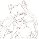  1girl bow breasts cigarette cube85 fujiwara_no_mokou hair_bow large_breasts lineart long_hair looking_at_viewer monochrome smile solo touhou v very_long_hair wink 