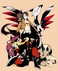  1boy bisharp black_hair cinccino crossover gorosuke_(my_boy) jacket levi_(shingeki_no_kyojin) liepard pokemon pokemon_(creature) shingeki_no_kyojin skarmory sneasel 