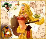  2girls ;p bandaid bandaid_on_nose blonde_hair blue_eyes glass hairband hammer hat highres long_hair midriff monster_hunter_4 multiple_girls open_mouth receptionist_(monster_hunter_4) smile solo tongue tubetop vorpal-duck wink 