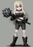  1girl belt bike_shorts blonde_hair boots bracer gauntlets gloves harness hetza_(hellshock) long_hair mace midriff morning_star red_eyes simple_background solo weapon 