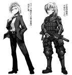  2girls armor assault_rifle boots facepaint formal gun hands_in_pockets hetza_(hellshock) knee_pads load_bearing_vest looking_at_viewer monochrome multiple_girls necktie pant_suit pointy_ears ponytail pouches rifle short_hair simple_background suit trigger_discipline weapon white_background 
