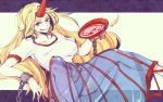 1girl alcohol blonde_hair breasts chain horn hoshiguma_yuugi kiguchiko large_breasts legs long_hair long_skirt looking_at_viewer panties red_eyes sake sitting skirt smile solo touhou underwear