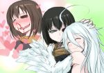  3girls =_= ^_^ ahoge black_hair blood brown_hair closed_eyes feathers g green_eyes hand_on_head heart hetza_(hellshock) hug imagining missing_eye multiple_girls nosebleed scarf sweat sweatdrop white_hair 