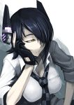  1girl black_hair bored breasts checkered_necktie cleavage dress_shirt eyepatch fingerless_gloves gloves hair_over_one_eye head_rest headgear hetza_(hellshock) kantai_collection large_breasts necktie personification shirt short_hair solo tenryuu_(kantai_collection) yellow_eyes 