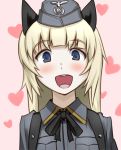  1girl :d animal_ears blonde_hair blue_eyes blush cat_ears character_request garrison_cap hat heart hetza_(hellshock) military military_uniform open_mouth pink_background smile solo strike_witches uniform 