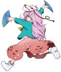  1girl :o dual_wielding fan folding_fan fox_mask fuantei hata_no_kokoro jitome long_hair looking_back mask midriff purple_hair running skirt solo touhou violet_eyes 