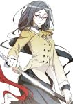  1girl black_hair glasses katana kyo_(kuroichigo) long_hair mind_zero school_uniform shiragiku_kotone signature sword violet_eyes weapon 