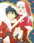  black_hair blue_eyes gloves green_eyes hat index kamijou_touma open_mouth saiba_(henrietta) santa_costume santa_hat silver_hair spiky_hair to_aru_majutsu_no_index 