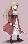  :&lt; blonde_hair corset dress frills hetza_(hellshock) long_hair looking_away red_eyes simple_background sword weapon 