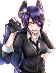  1girl eyepatch fang fingerless_gloves gloves hand_on_hip headgear kantai_collection kuzushima looking_at_viewer machinery necktie open_mouth personification purple_hair scabbard sheath short_hair solo sword tenryuu_(kantai_collection) weapon yellow_eyes 