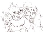  2girls apocalypse_now cube85 gun hat inubashiri_momiji kawashiro_nitori key lineart military monochrome multiple_girls open_mouth short_hair sunglasses touhou weapon 